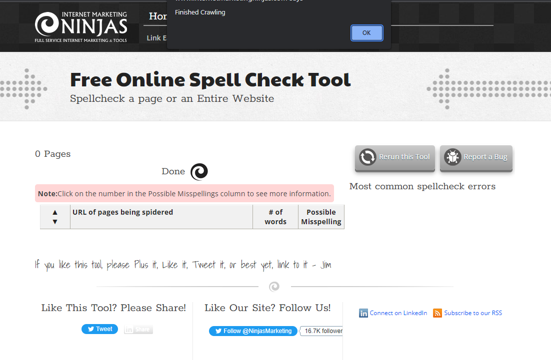 Internet Marketing Ninjas spelling tool results screen
