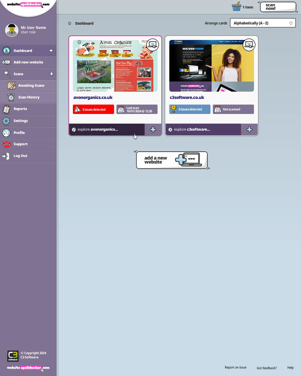 The Website SpellChecker Management Console Dashboard
